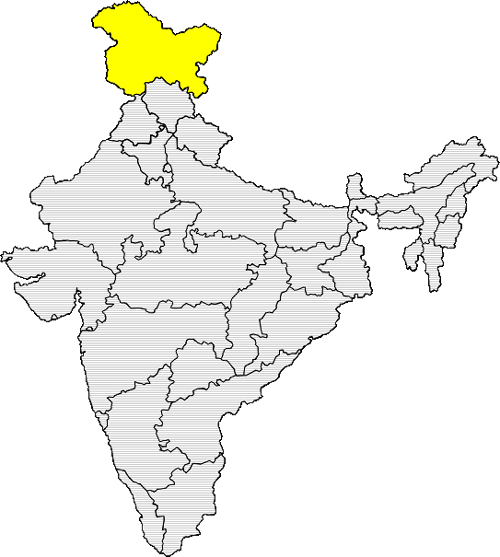 A map of India with Jammu and Kashmir highlighted red