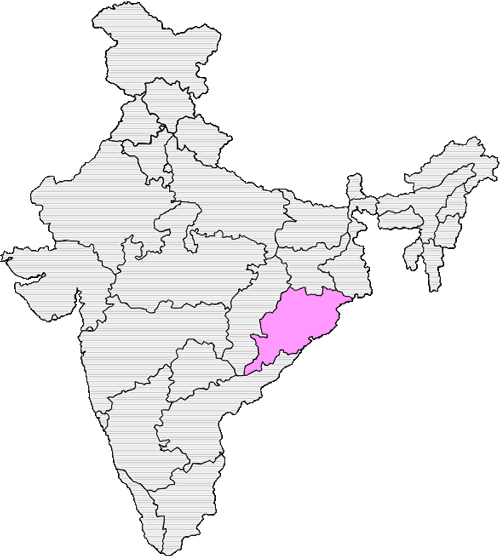 A map of India with Odisha highlighted red