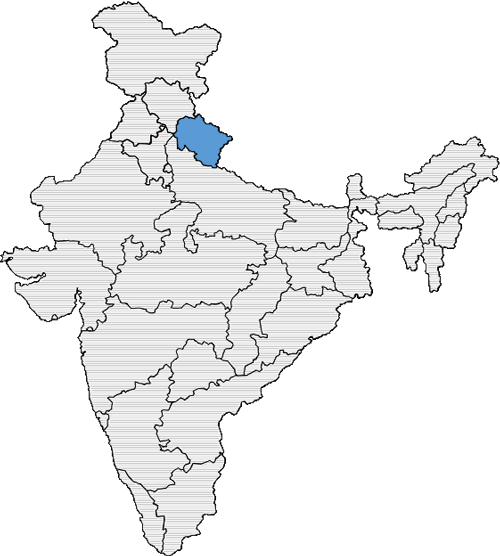 A map of India with Uttarakhand highlighted red