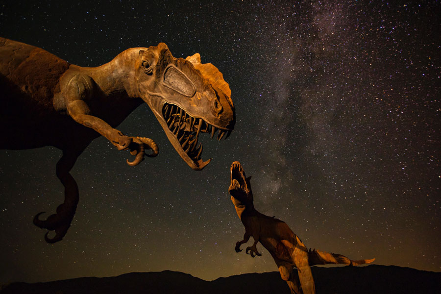 dinosaur statues with the night sky