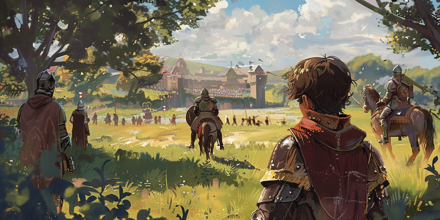 digital art of a medieval boy admiring knights
