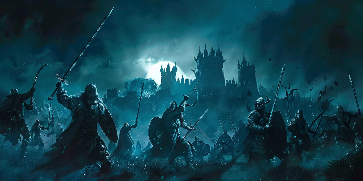 digital art of mercenaries attacking Yniol's castle
