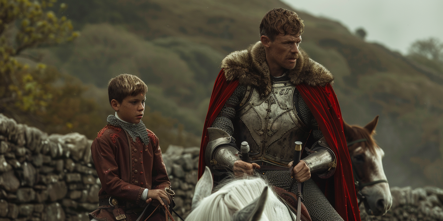 digital art of the knight Owain teaching the boy Peredur