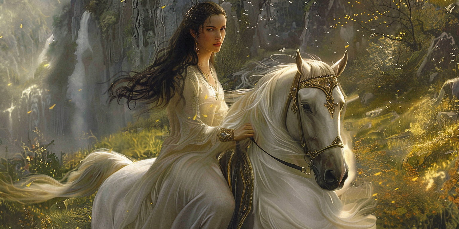 digital art of Rhiannon riding a white horse