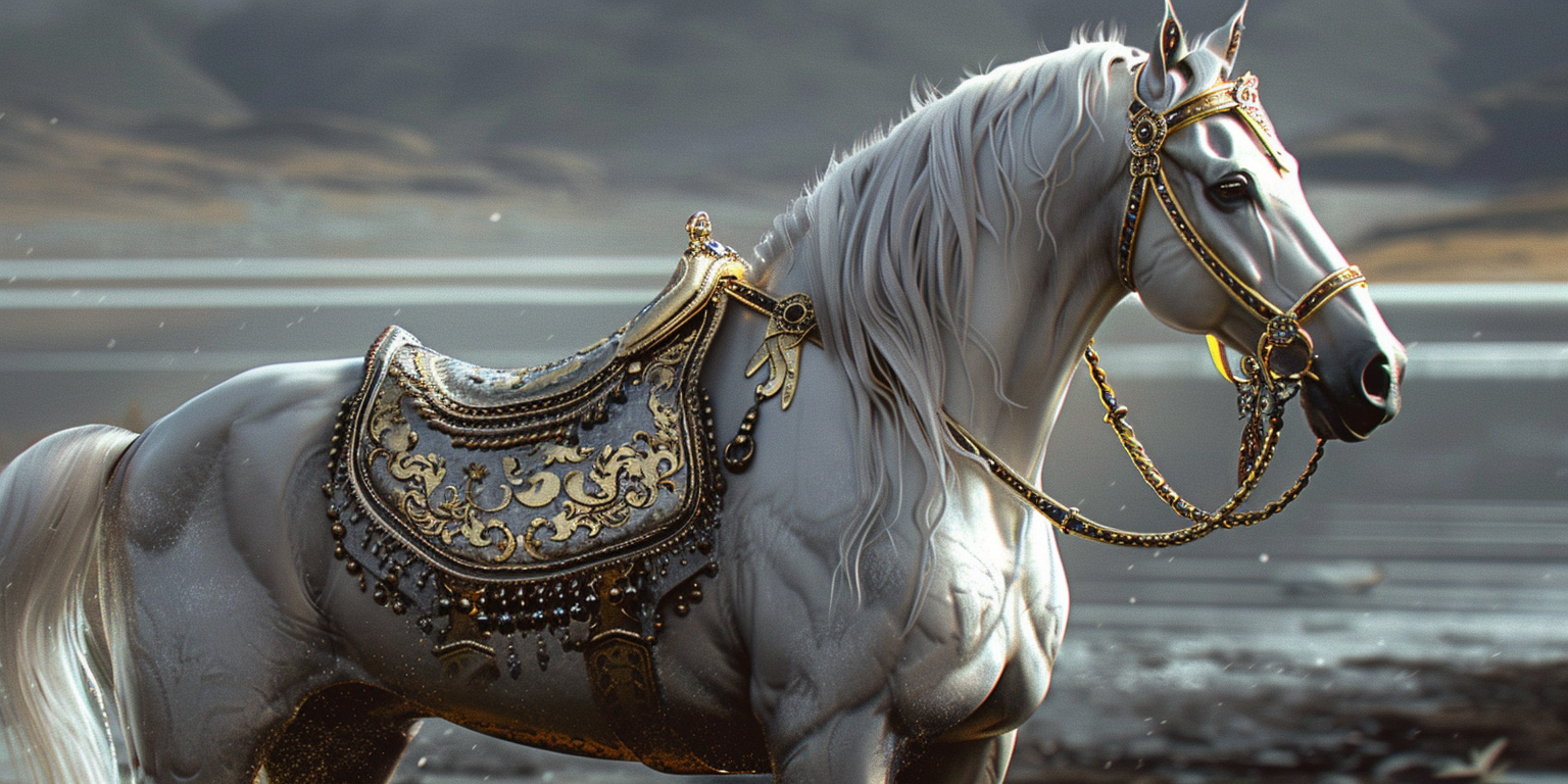 digital art of a stallion with a golden saddle and bridle