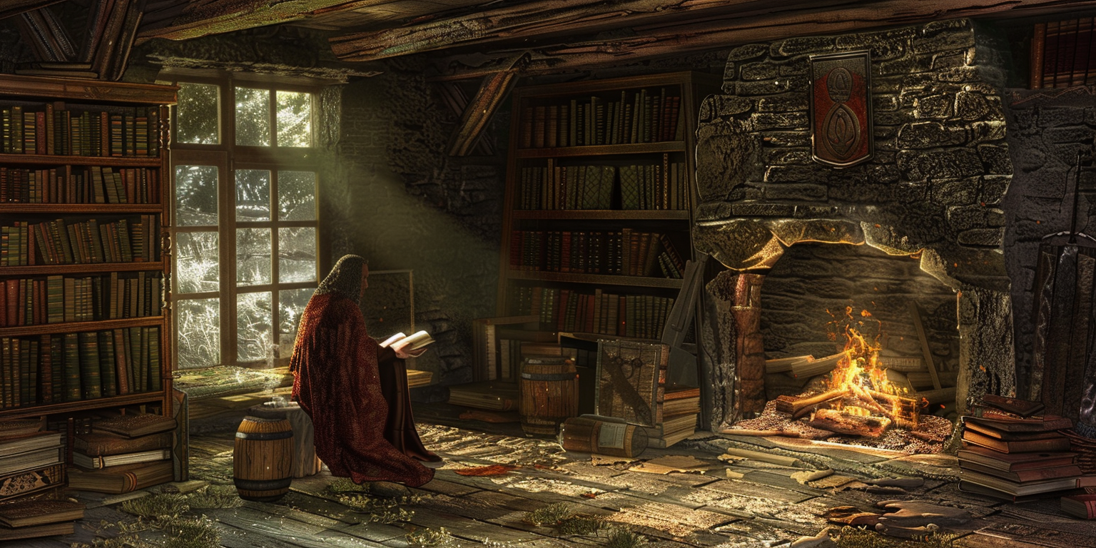 digital art of a young knight studying by the fire
