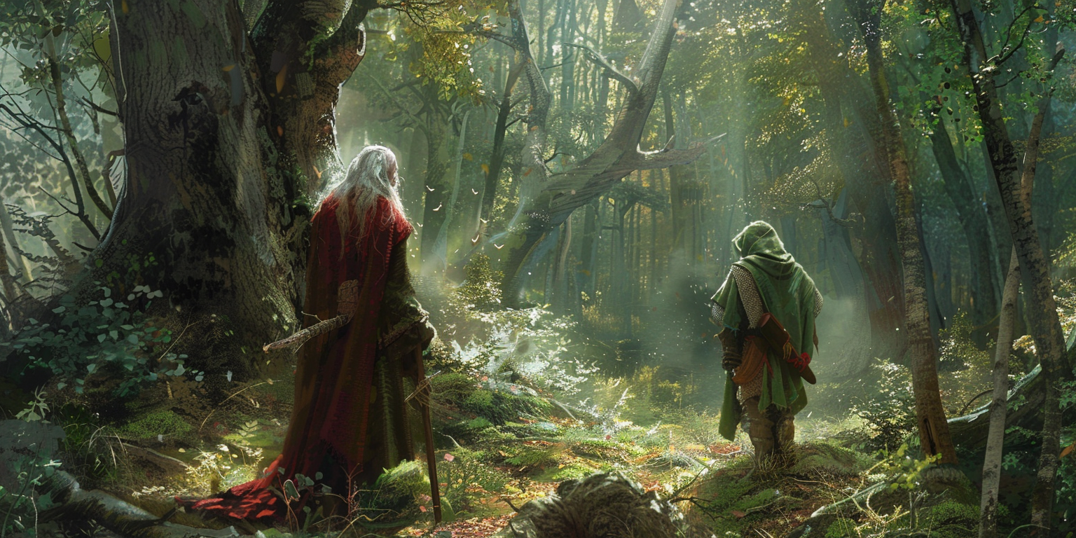 digital art of a young knight and wise old woman meeting
