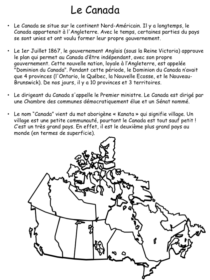 À propos du Canada: Fiche imprimable 2ème-6ème année