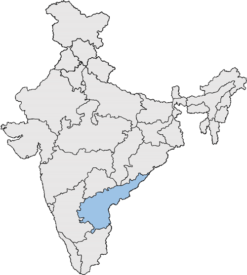 Carte indiquant où se trouve l'état d'Andhra Pradesh ; sur la côte sud-est de l'Inde.