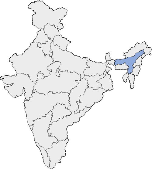 Carte indiquant où se trouve l'état d'Assam ; au nord-est de l'Inde