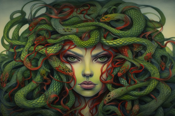 pencil crayon drawing of medusa with snakes for hair