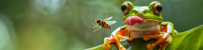 close up of a frog catching a bug with his sticky tongue
