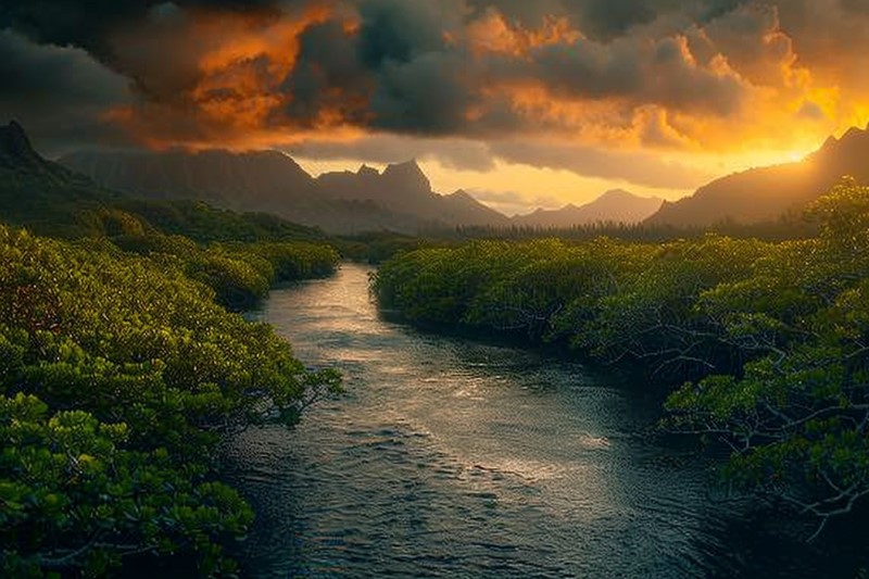 river through trees into the mountains. Cloudy sunset.