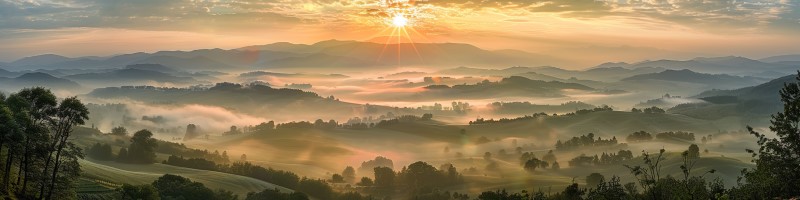 photo of the sun rising over a foggy landscape