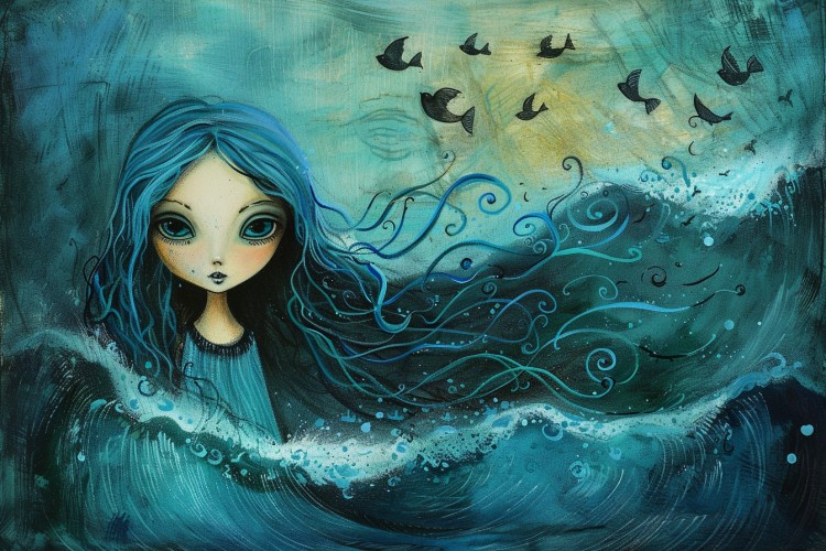 Cora in a stormy and dark ocean