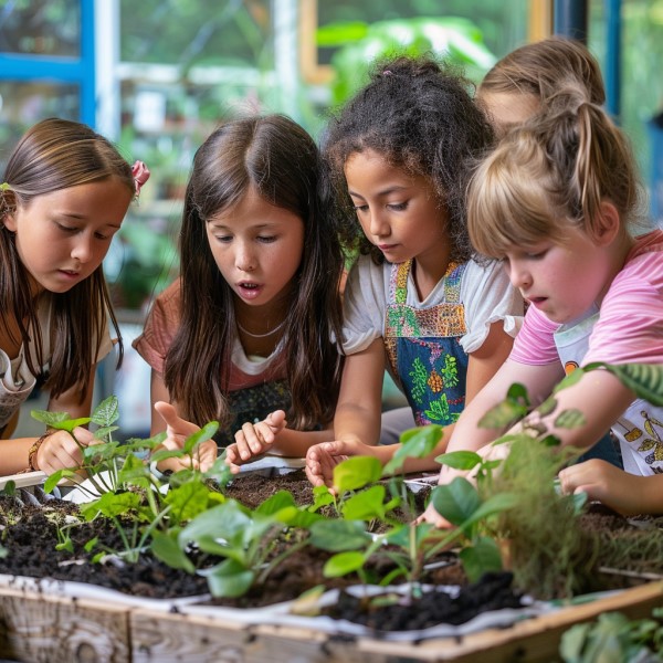 children caring for plants