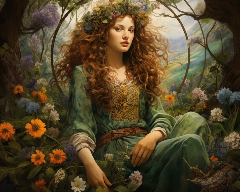 artwork of Brigid, the Celtic goddess of spring
