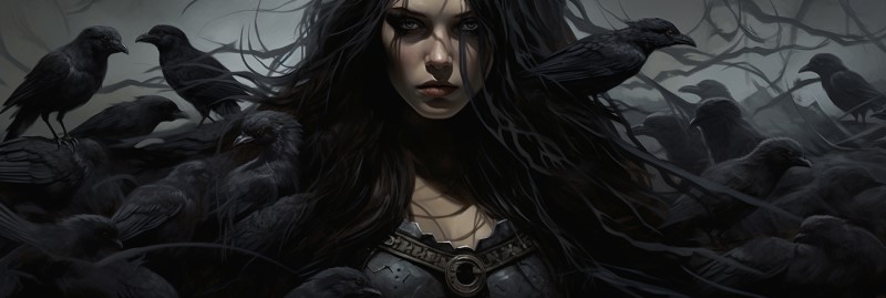 artwork of Morrigan surrounded by crows