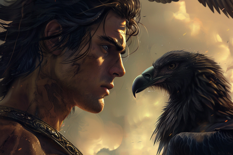 digital art of Ares, Greek god of war staring at his sacred vulture