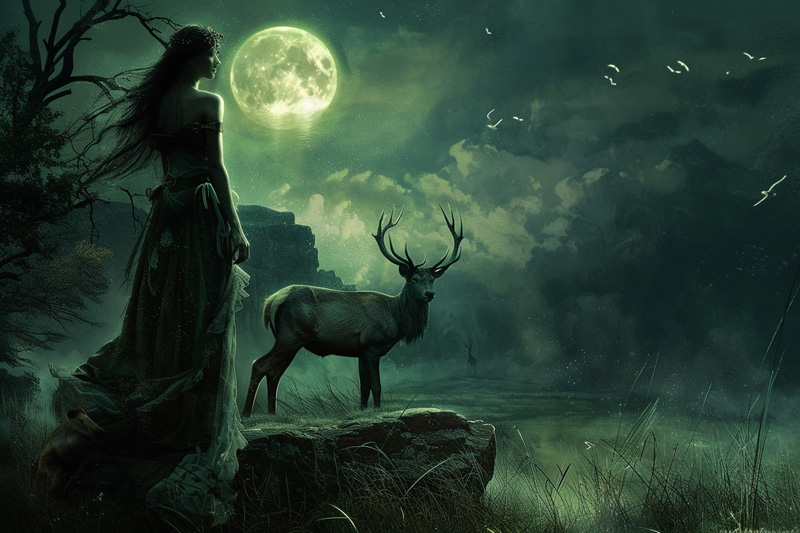 digital art of Artemis, Greek goddess of the Hunt and Moon and a stag