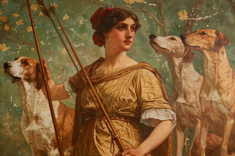digital art of Artemis, Greek goddess of the Hunt and Moon and her hunting hounds