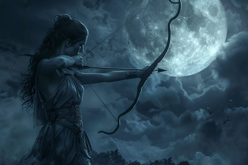 digital art of Artemis, Greek goddess of the Hunt and Moon aiming her bow at night