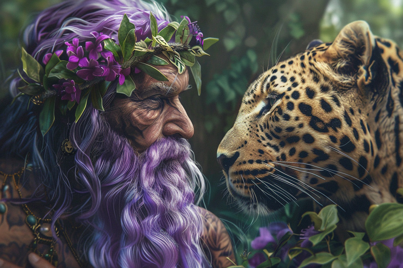 digital art of Dionysus, God of Wine and Festivity and his leopard