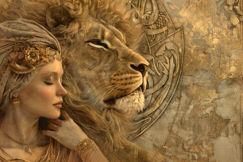 digital art of Hera, queen of the Greek gods with her sacred lion