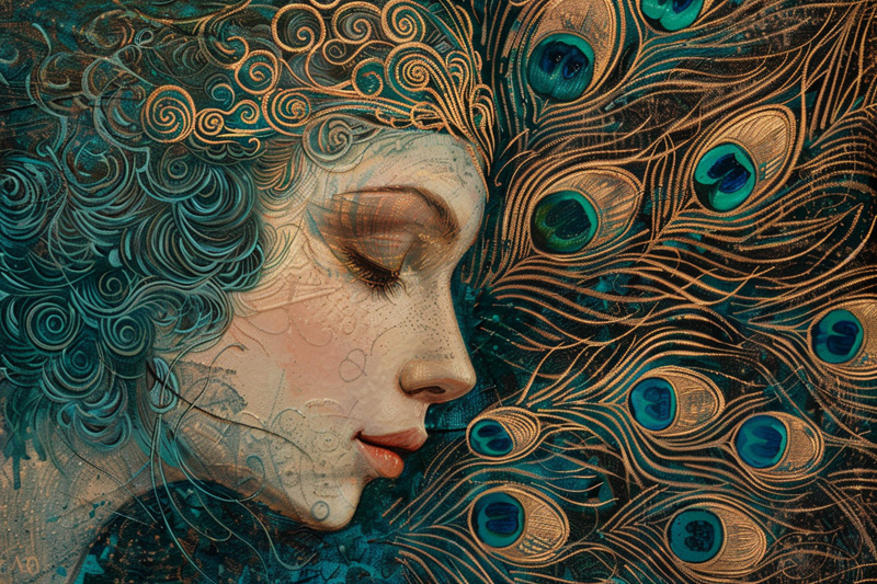 digital art of Hera, queen of the Greek gods and peacock feathers