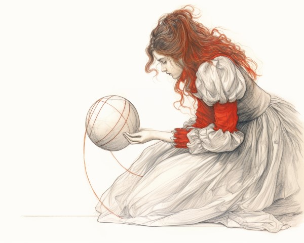 pencil crayon drawing of Ariadne rolling a ball of thread