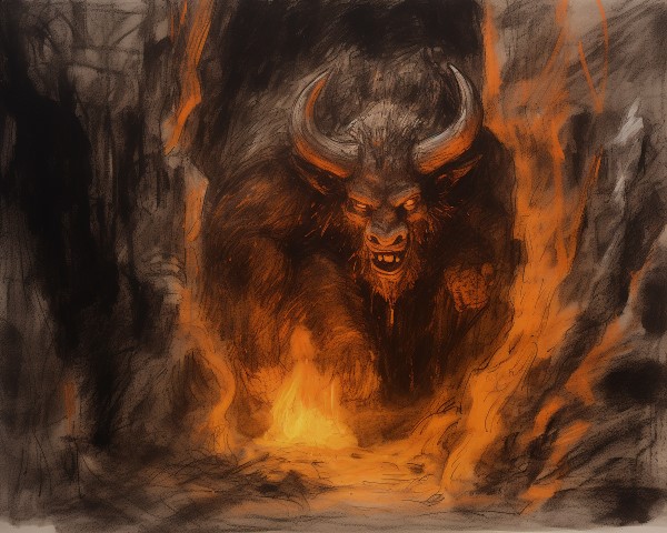 pencil crayon drawing of the minotaur