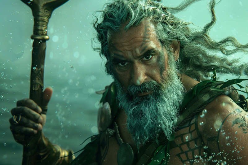 digital art of Poseidon, Greek god of the sea holding his trident staring with a piercing gaze