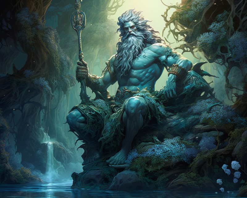digital art of Poseidon, Greek god of the sea sitting on his undersea throne