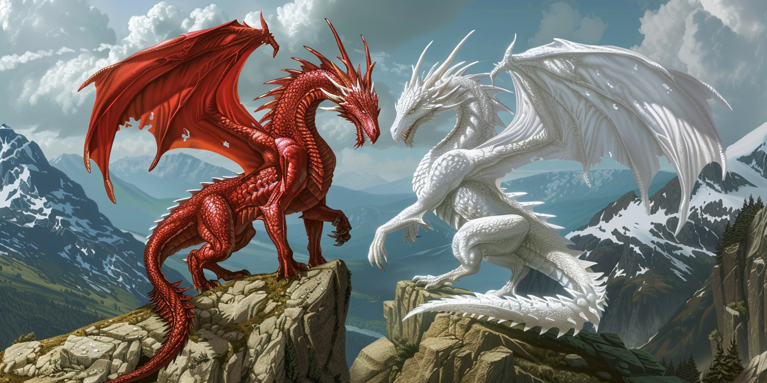 digital art of a red dragon and white dragon