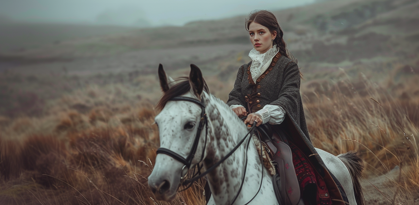 digital art of a beautiful Welsh woman riding a horse
