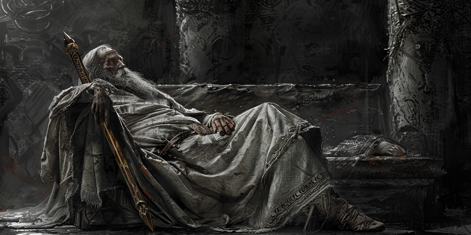 digital art of the Fisher King lying on the couch, cursed and in pain
