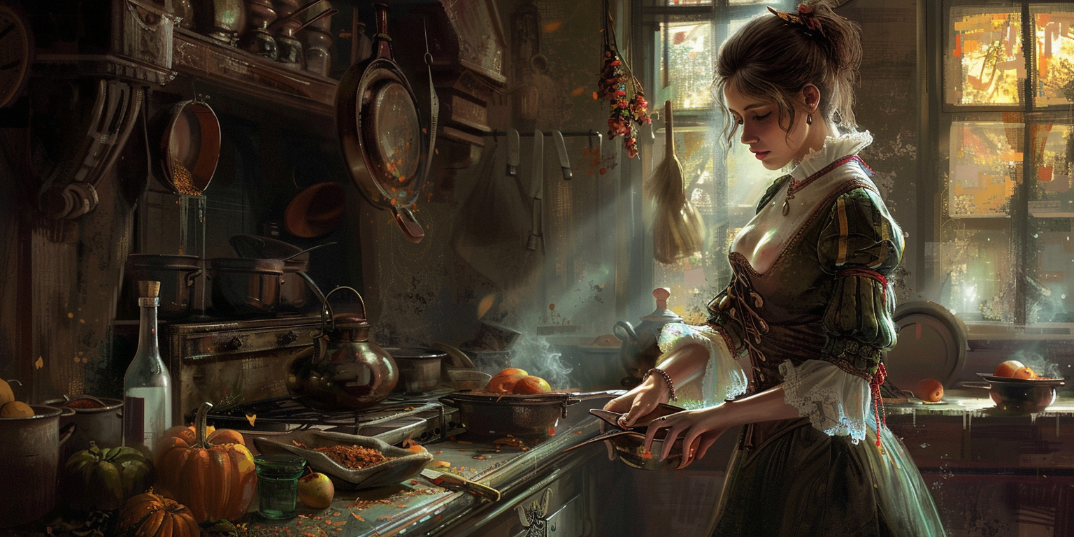 digital art of Branwen working in the kitchens