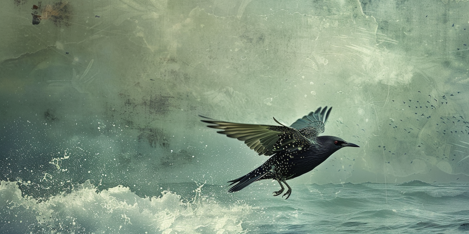 digital art of a starling flying across the sea
